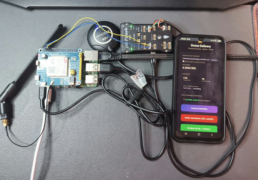 Indoor proof of concept: Raspberry Pi 4 with 4G module and GPS next to a phone showing the Drone Delivery app